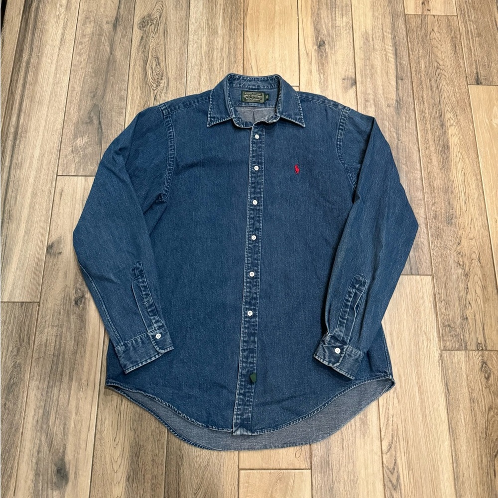 Vintage Polo Country Ralph Lauren Denim Button Up Shirt Medium Made In USA